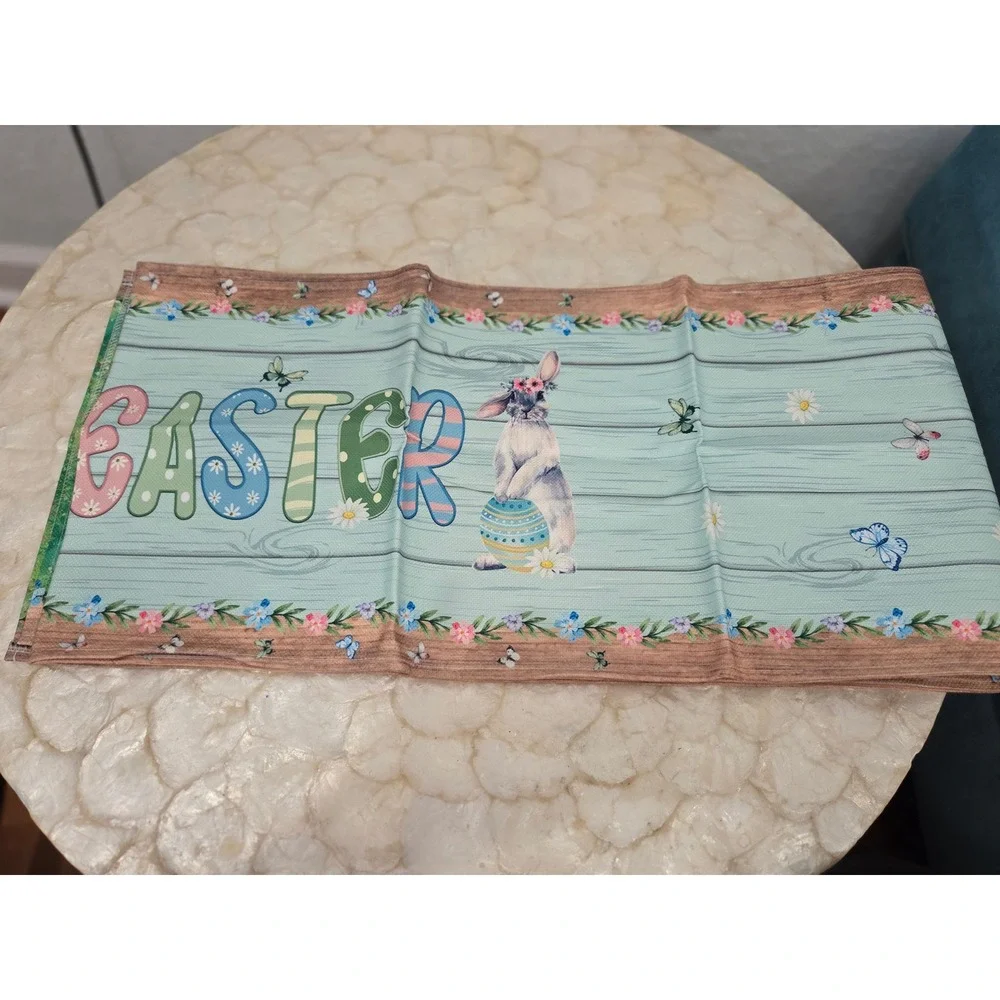 Happy Easter Table Runner 13x108 Bunny Floral Wood Grain Blue Spring Decor NEW